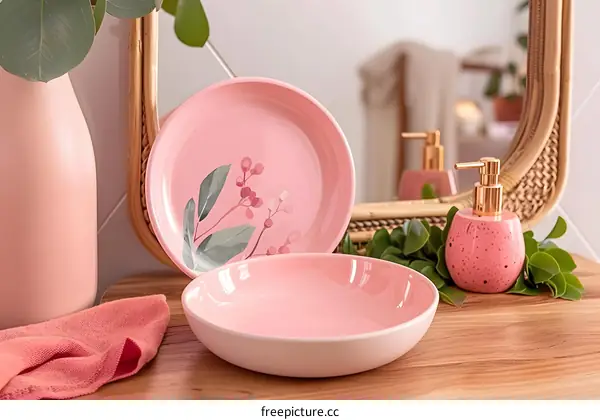 Pink Floral Ceramic Plates and Soap Dispenser On Wooden Countertop