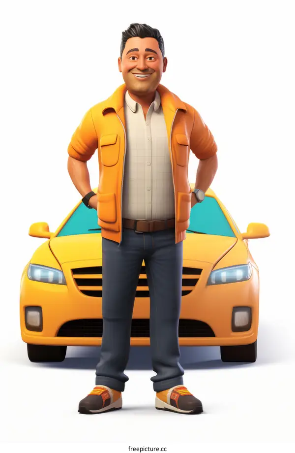 A man standing in front of a yellow car