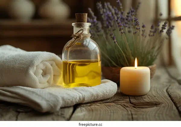 Still life with lavender, candle and towel