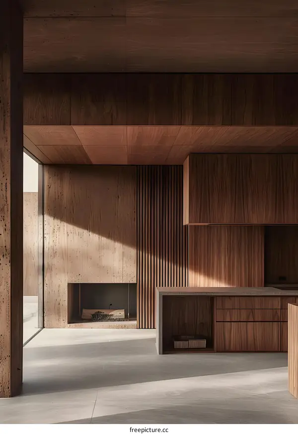 Modern Minimalist Interior Design With Wooden Walls and Fireplace