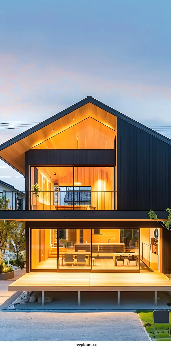 Modern Japanese House with Wooden Deck and Black Siding