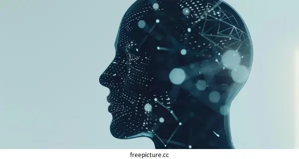 Glowing Network of AI: Transparent Human Head with Dots and Lines