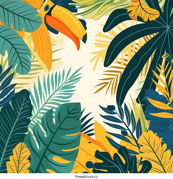 Tropical Jungle Leaves and Toucan Bird Illustration
