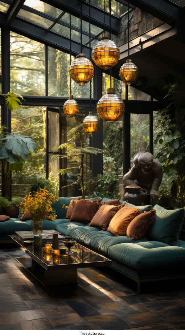 Modern living room interior with green sofa and stylish coffee table