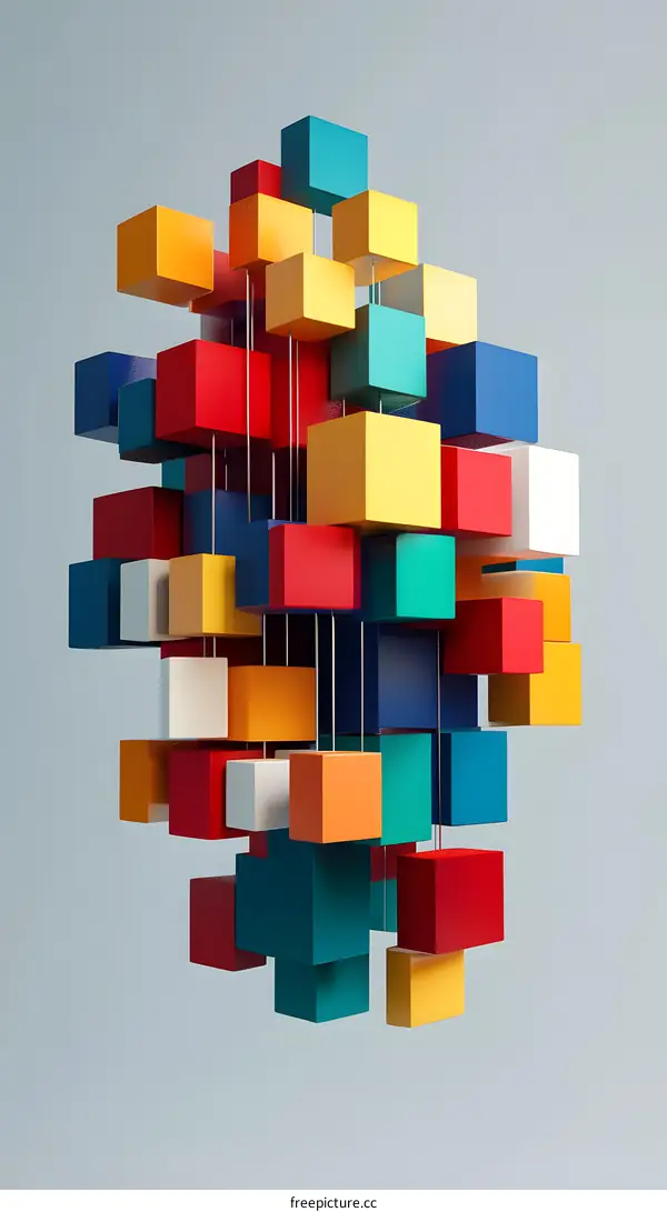 Abstract 3D Colorful Cubes Hanging on Strings