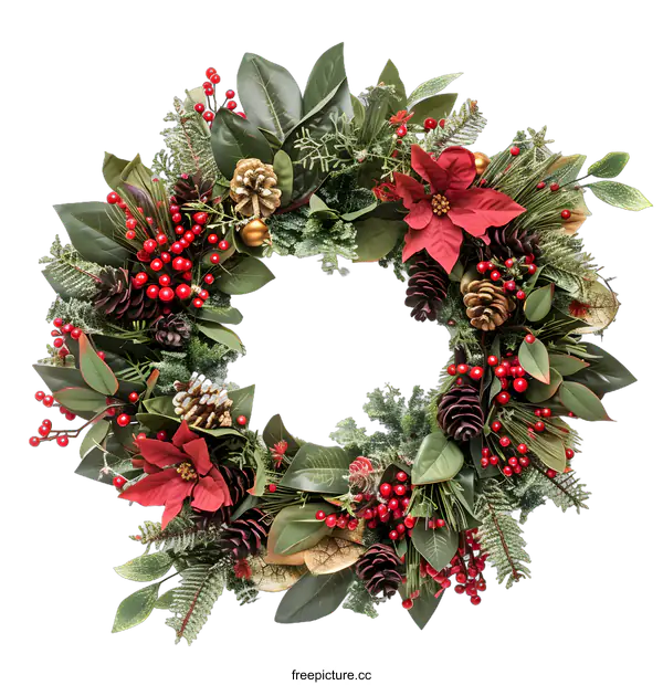 [Transparent Background PNG]Christmas Wreath with Red Berries and Pine Cones