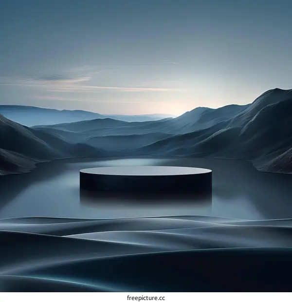 Black podium on the lake with mountain landscape