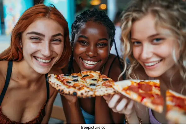 Three young multiethnic women eating pizza together