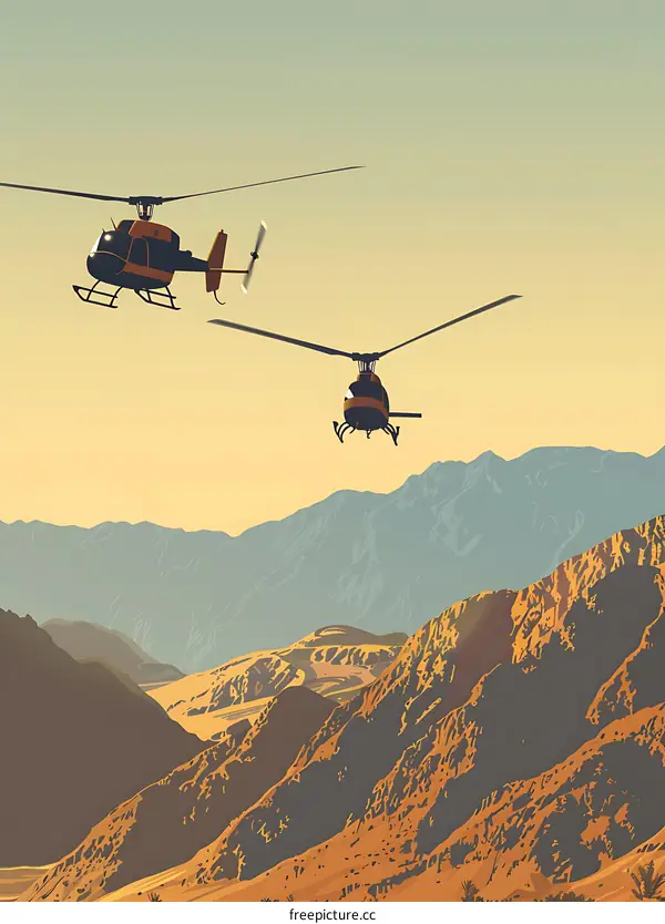 Two Helicopters Flying Over Mountain Range at Sunset