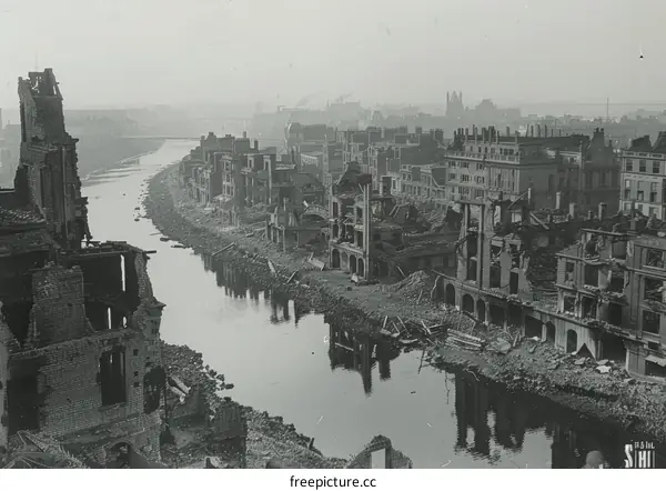 Ruins of buildings along the River Liffey in Dublin after the Easter Rising, 1916