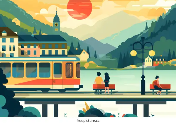 Train Station in the Mountains with People on Benches