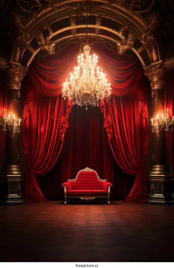 Red velvet throne in a grand hall with a crystal chandelier