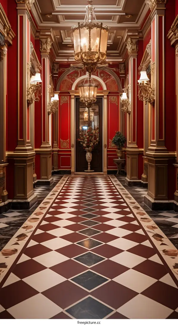 Red and gold luxury hotel hallway