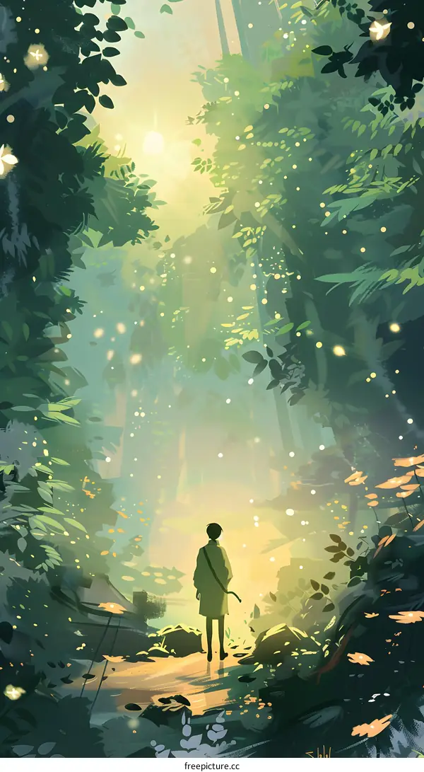 Sunlight Through the Forest With a Person Standing