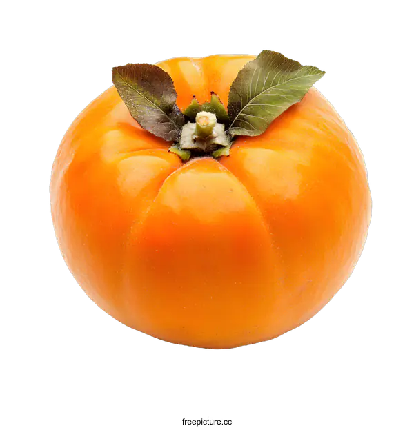 [Transparent Background PNG]Single Ripe Persimmon Fruit with Green Leaves Isolated on White Background