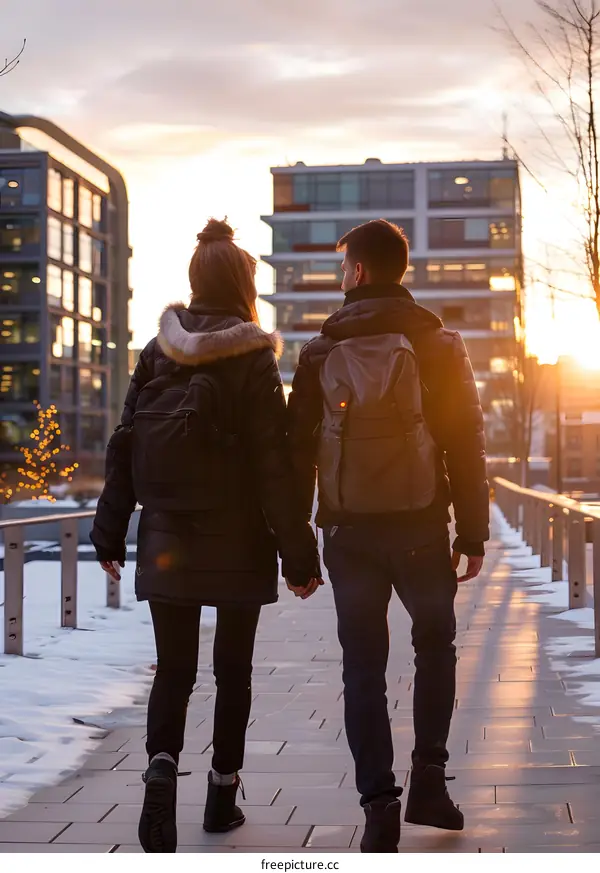 Couple Holding Hands Walking Away From The Camera On A Snowy Pathway In The City At Sunset
