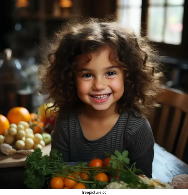 Portrait of a smiling little girl with curly hair sitting at a table full of fruits and vegetables