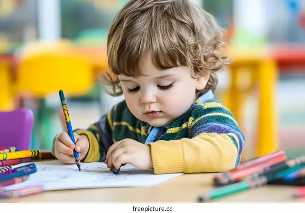 Little Boy Drawing With Colored Pencils In Classroom
