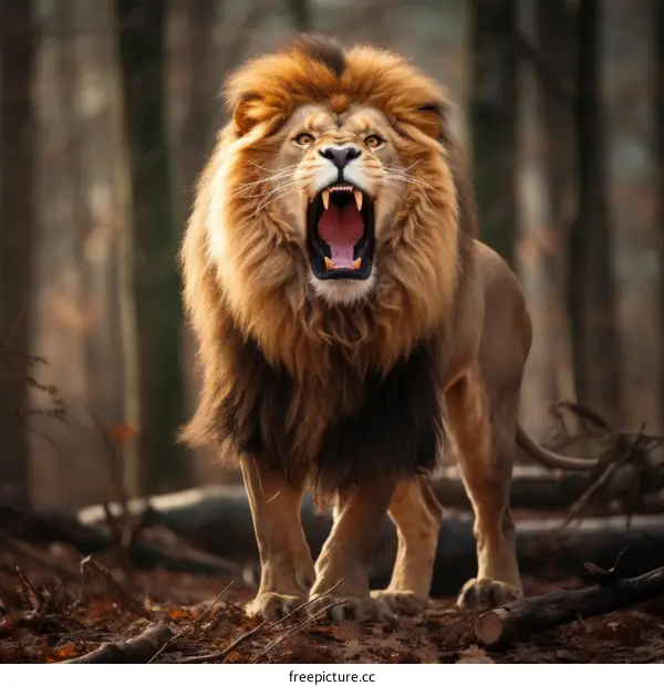 Lion Roaring in the African Forest