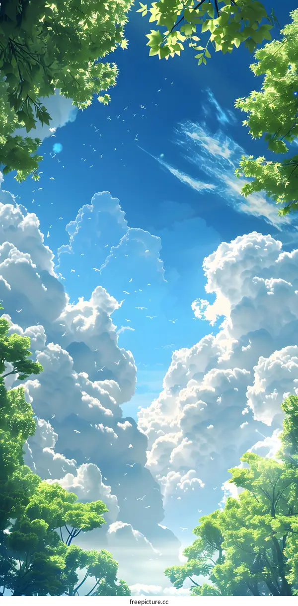 Blue sky, white clouds and green trees