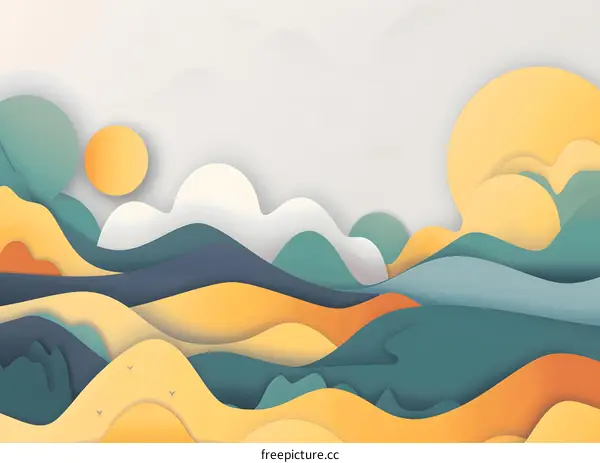 Abstract Paper Cut Landscape With Mountains, Sun, And Clouds