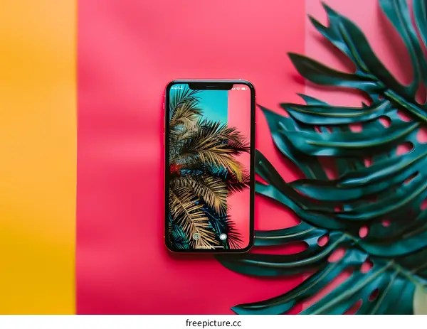 Smartphone on Red and Yellow Background with Palm Tree Wallpaper