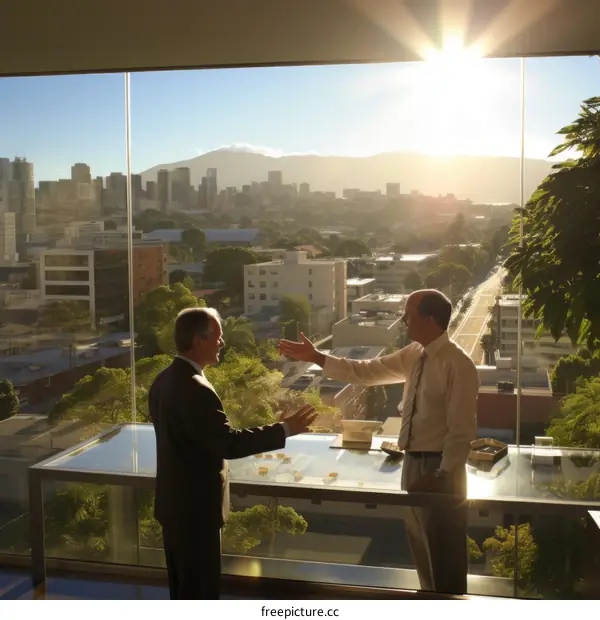 Businessmen discussing a building project with a large window in the background