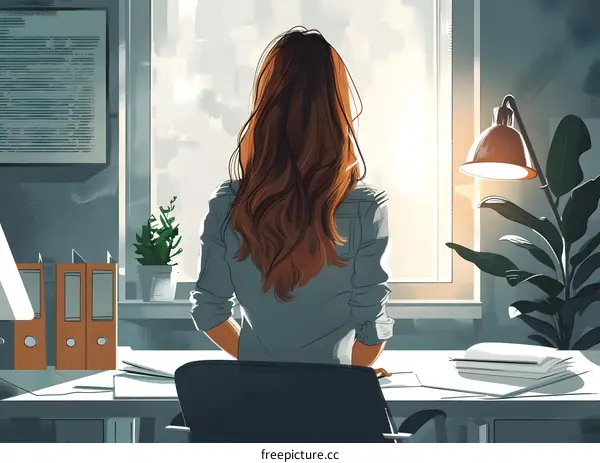 A woman is sitting in a chair in front of a window. She is looking out the window and thinking about something.