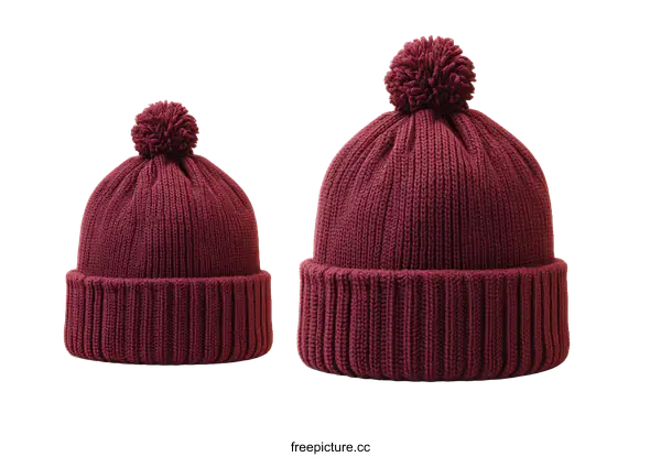 [Transparent Background PNG]Two Maroon Knitted Beanies with Pom-Poms