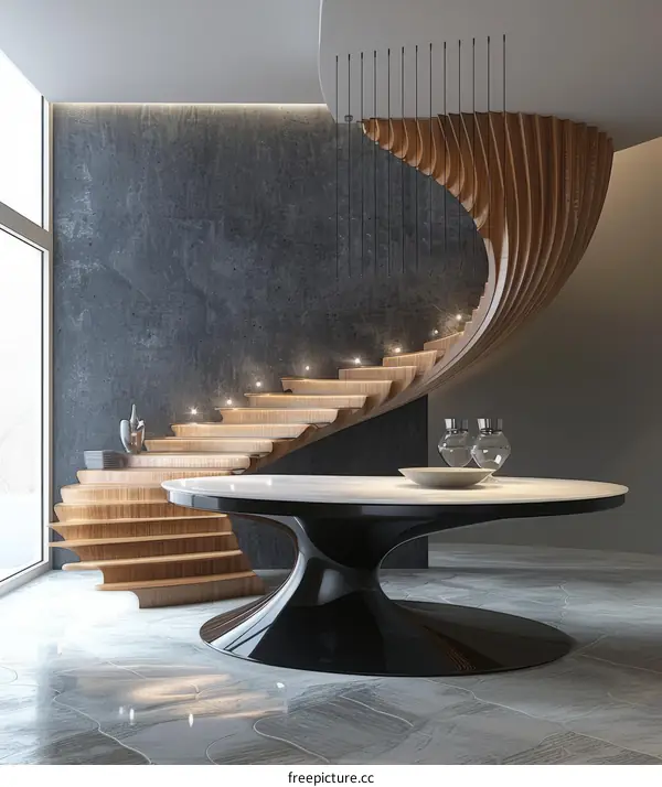 Amazing wooden staircase with round table in luxury house