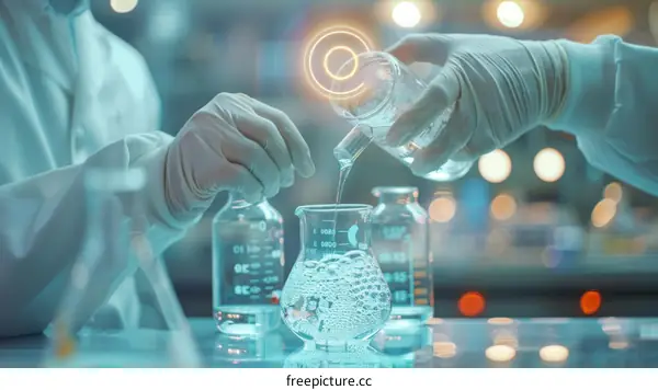 Two scientists wearing lab coats are working in a lab