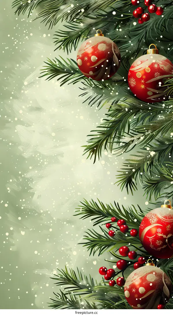 Christmas ornaments hanging on a snowy pine tree branch