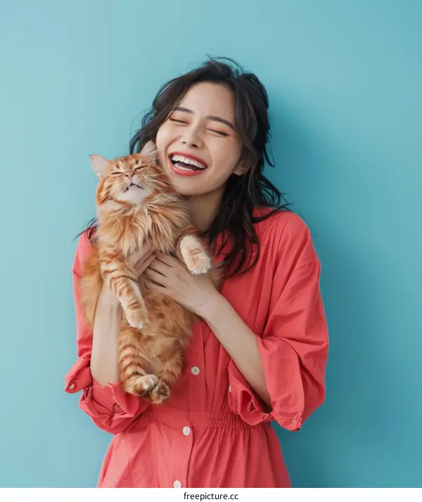 Asian woman hugging an orange cat