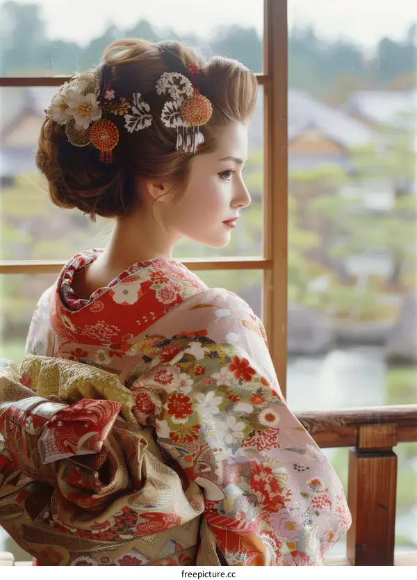 A Japanese woman wearing a kimono