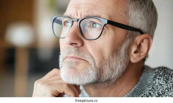 Closeup of Thoughtful Senior Man with Glasses