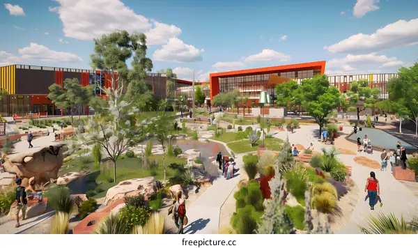 Outdoor Park Design with Buildings and People