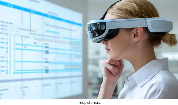 A woman wearing a virtual reality headset looks at a large screen