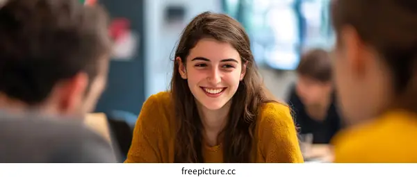 Smiling Young Woman in Conversation with Friends