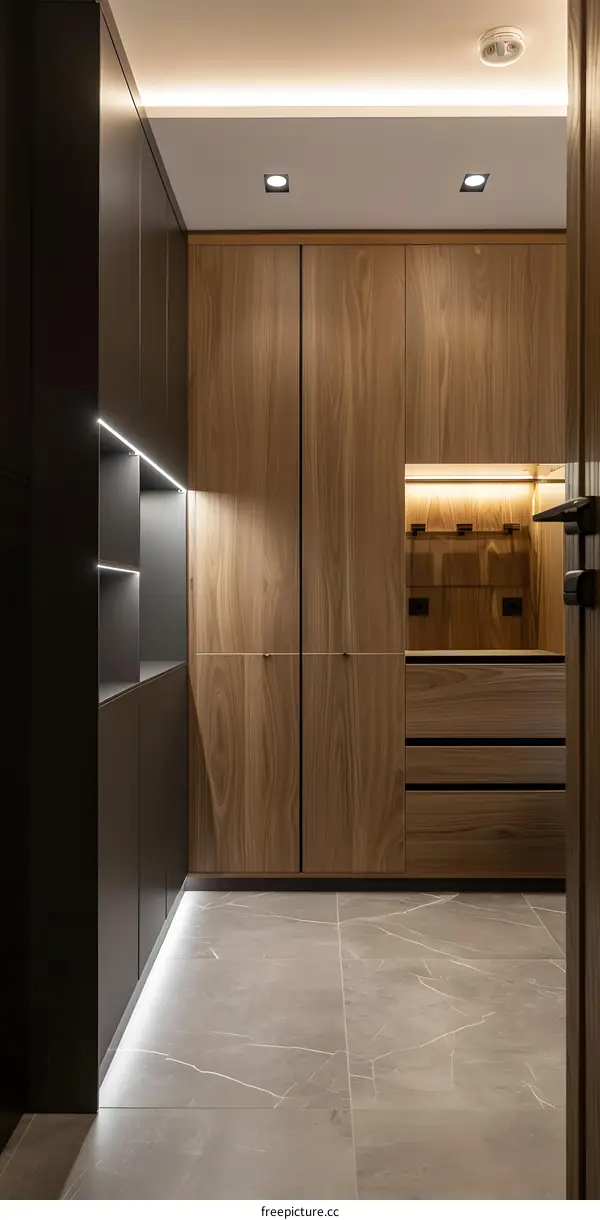 Modern Minimalist Closet Interior Design With Wood Cabinet Doors And Led Lights