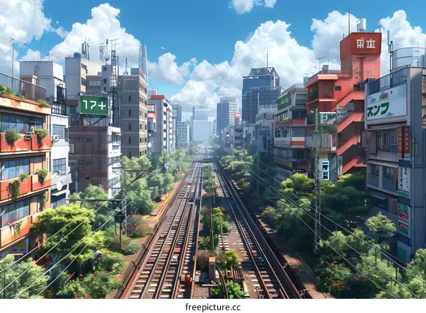 Modern cityscape with tall buildings and clear sky