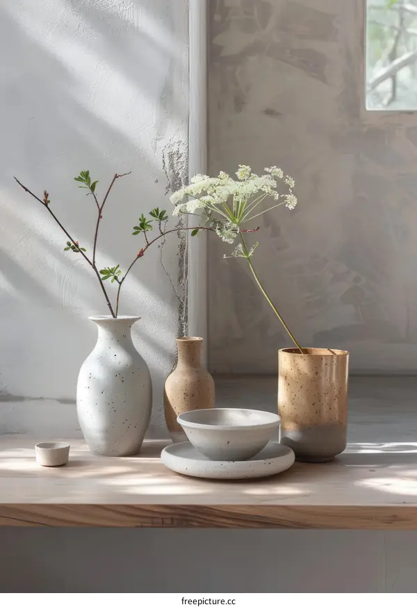 Ceramic vases and a bowl with flowers photographed in a minimalist setting
