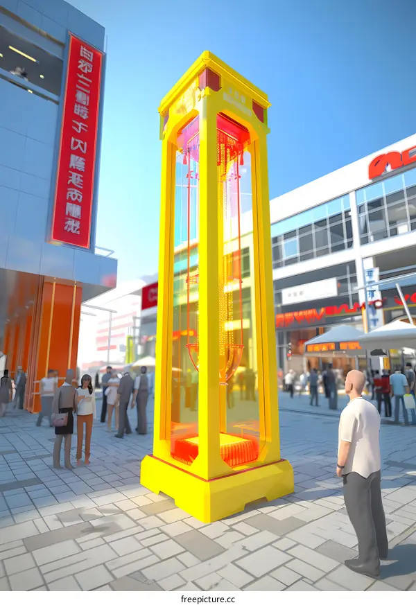 Modern Glass  Sculpture in City Street with People Watching