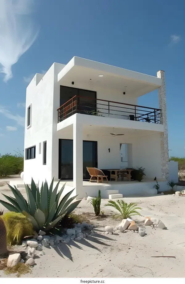 Modern White House with Balcony and Patio in Desert Landscape