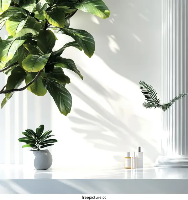 Modern Minimalist Home Decor with Plants and Cosmetics