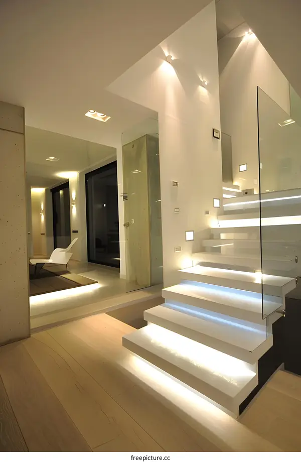 Modern Interior Design with Illuminated Stairs and Wooden Floor