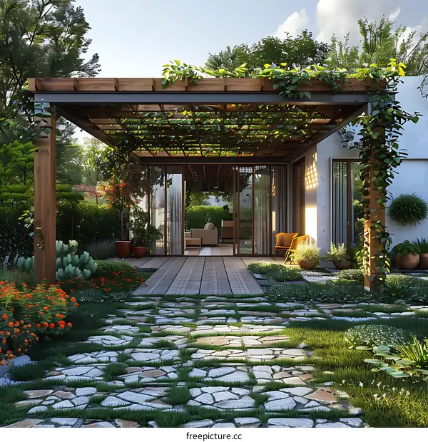 Modern Home Backyard Design with Stone Pathway and Pergola