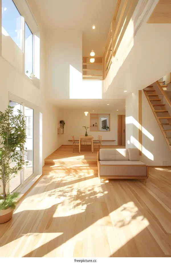 Modern Minimalist Interior Design with Wooden Floor and Large Windows