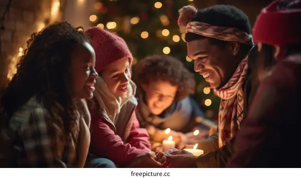 A family of African-American ethnicity is sitting in a room, wearing winter clothes and looking at each other with smiles on their faces. There is a Christmas tree in the background.