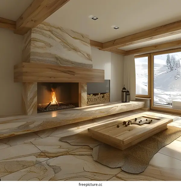 Modern Fireplace Design with Wooden Beams and Stone Wall