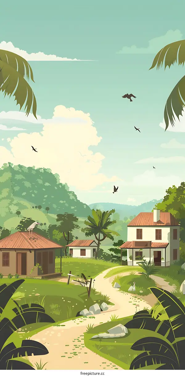 Tropical Landscape with Winding Path and Houses
